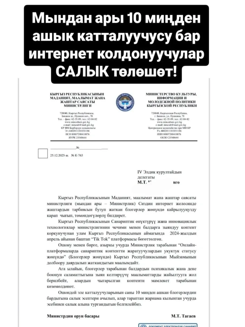 В КР блогеров, имеющих более 10 тысяч подписчиков, могут обязать платить налоги